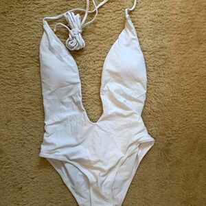 SHEIN White One Piece Swimsuit with Plunging Neckline